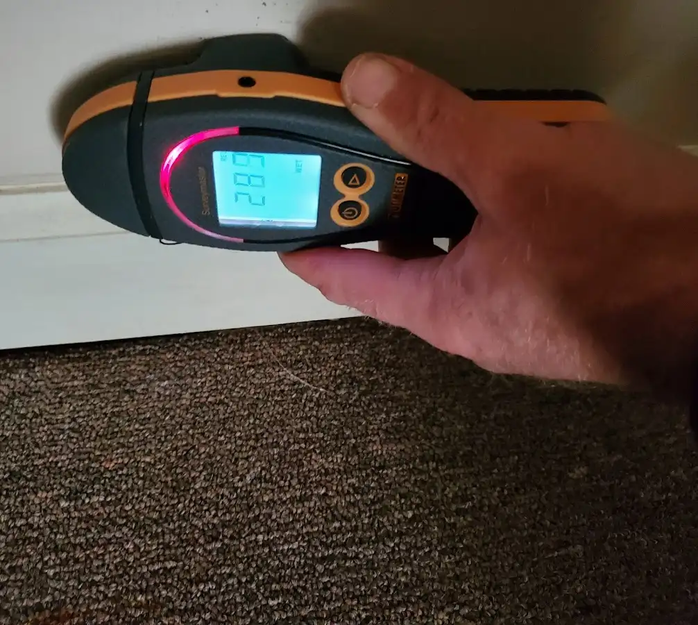 Moisture detection at baseboard during Storm Damage Restoration in Braddock